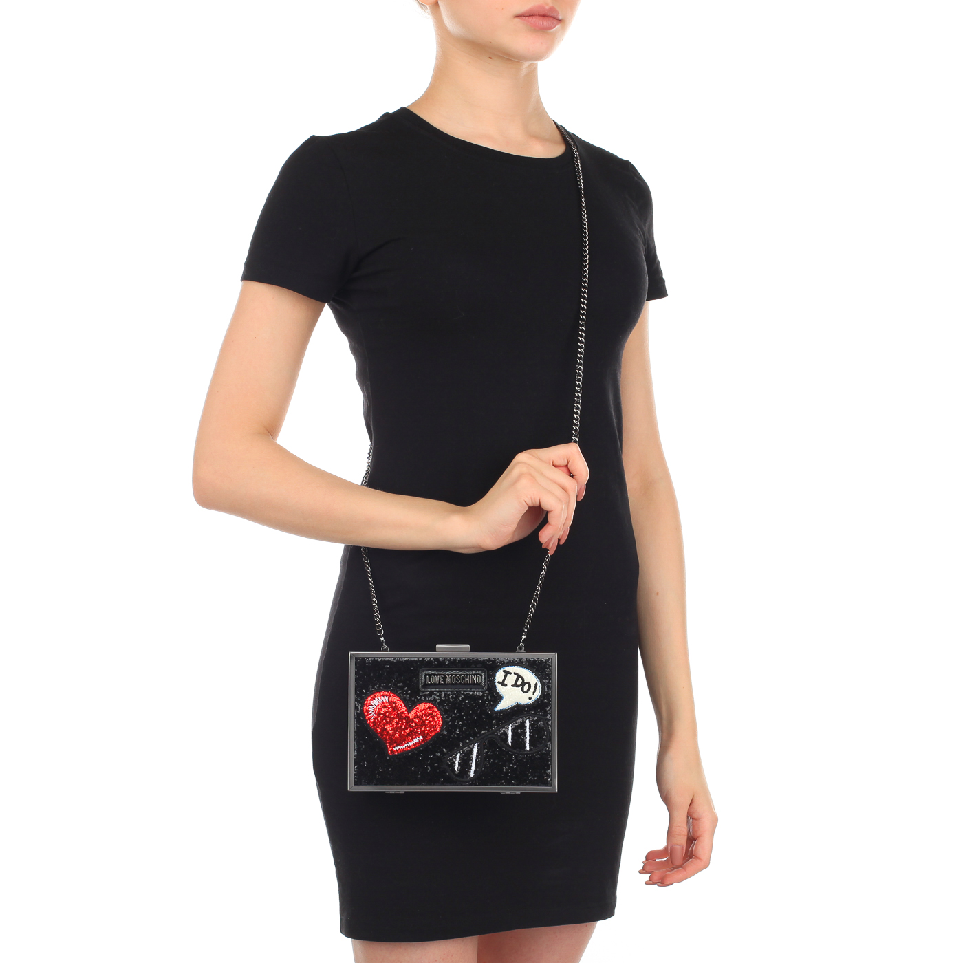 Черная женская сумочка на плечевой цепочке Love Moschino Sparkling