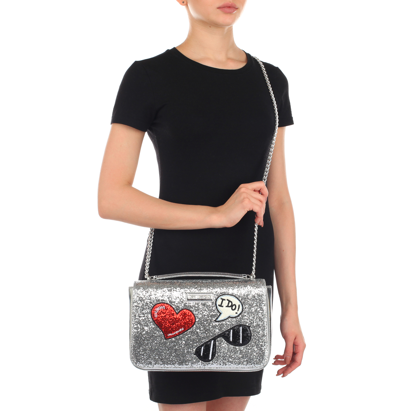 Серебристая женская сумочка с глиттером Love Moschino Sparkling
